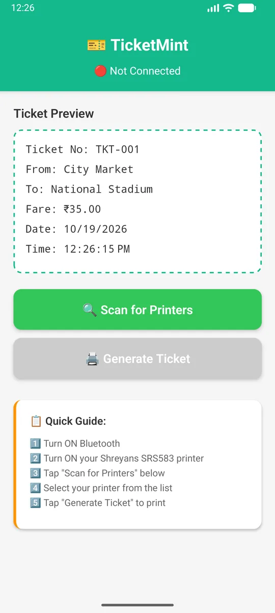 TicketMint app showing a ticket preview with ticket number, route, fare, date and time